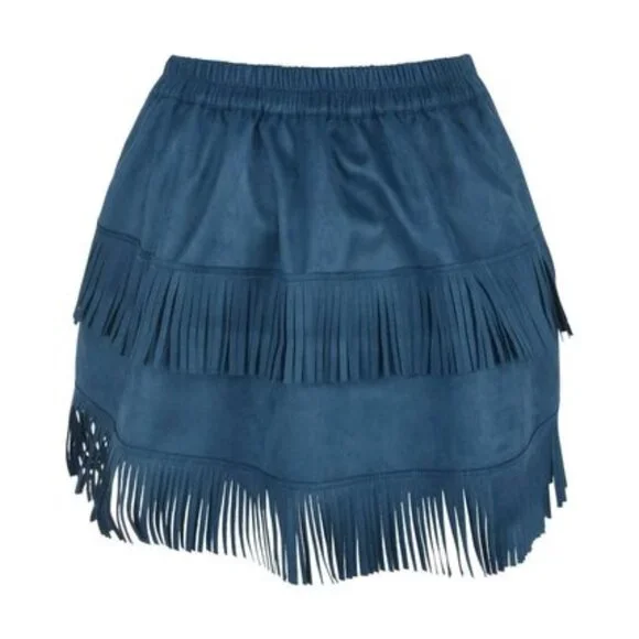 Blue Suede Ruched Bustle Skirt w/Fringe - Picture 3 of 4
